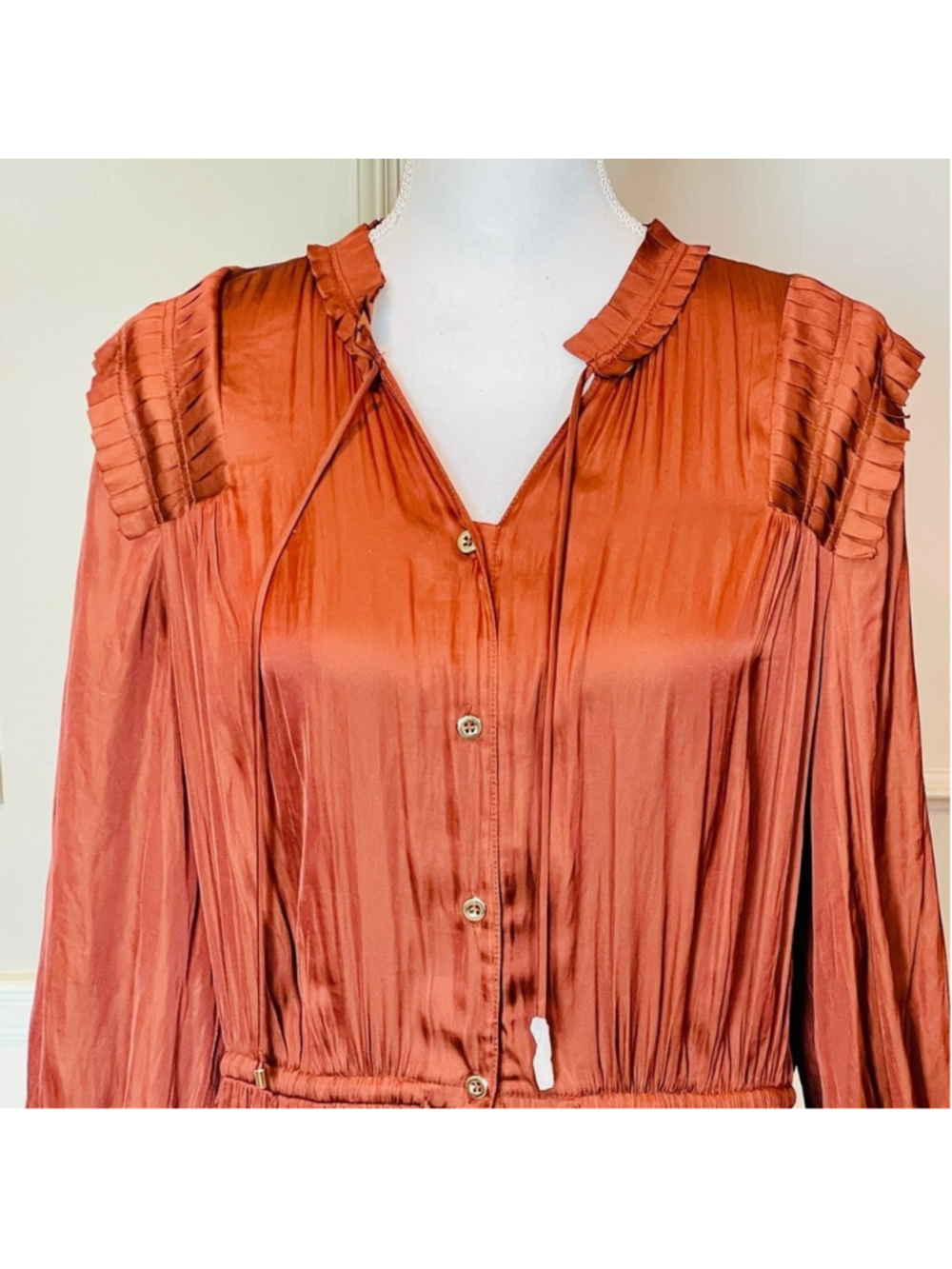 Chico's dress 2.5 Large Brown Satin Boho Flowy Maxi Peasant Timeless Career - Picture 2 of 5